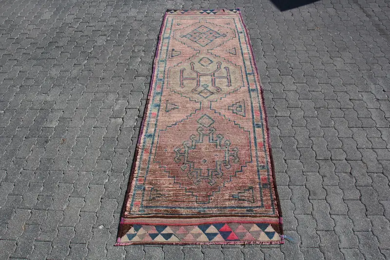 Türk Vintage Runner Halısı 2.9x9.5 ft, Kırmızı Mavi Oryantal Halı - 1