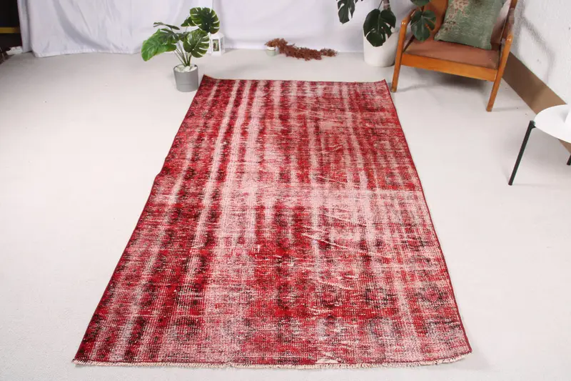 Oushak Vintage Rug, 4.3x7.3 ft Turkish Rug, Red Striped Wool Rug - 1