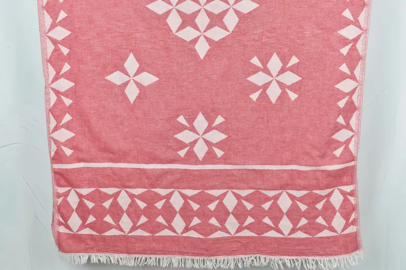 Turkish Towel Compass Rose Design Red Cotton Towel, 36x67 Inches