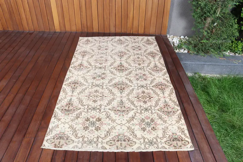 Vintage Turkish Oushak Rug 3.9x6.8 ft, White Area Striped Wool Rug - 1