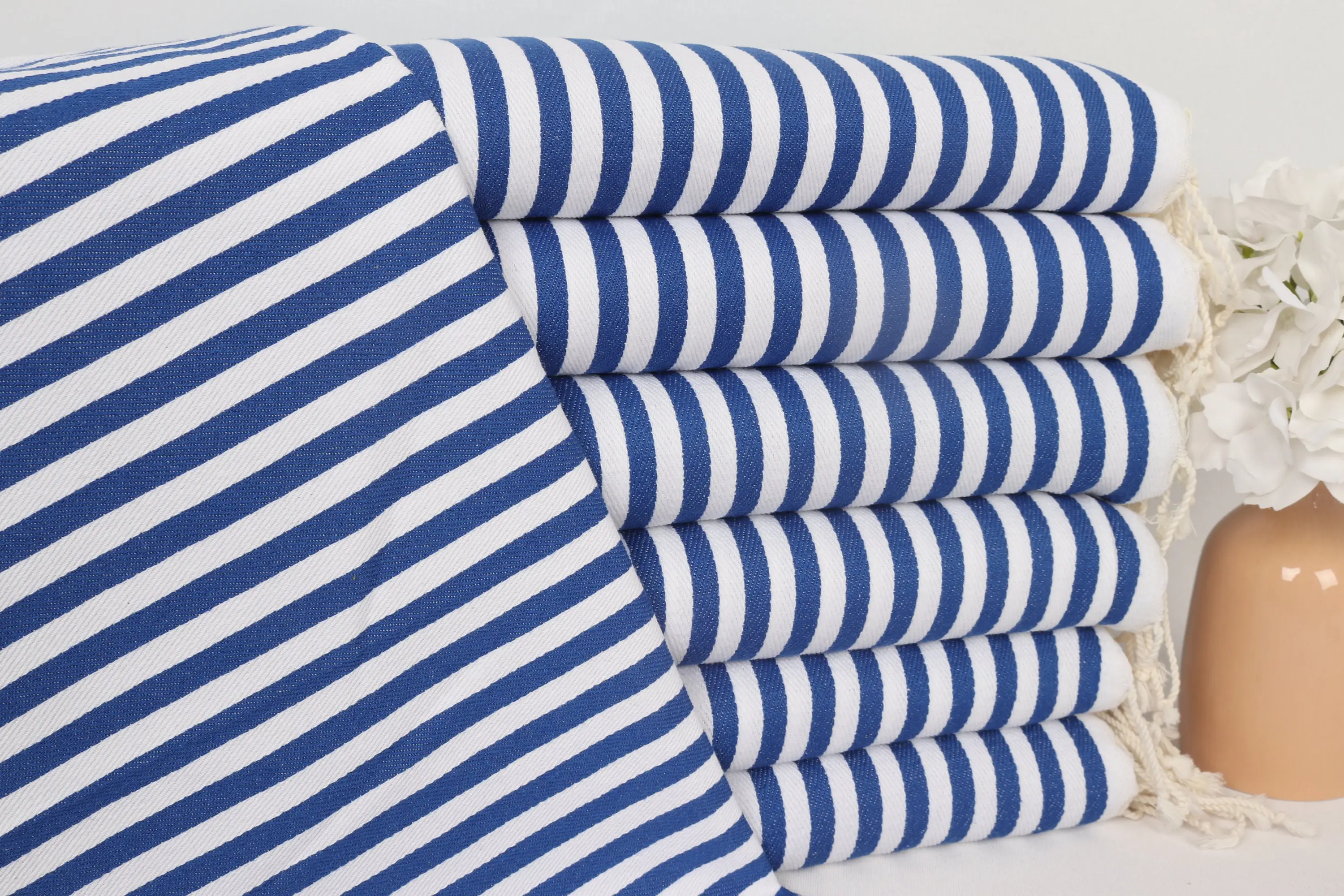 Striped Dish Towel Organic Cotton 18x40 Inches, Sax Blue and Beige - 1
