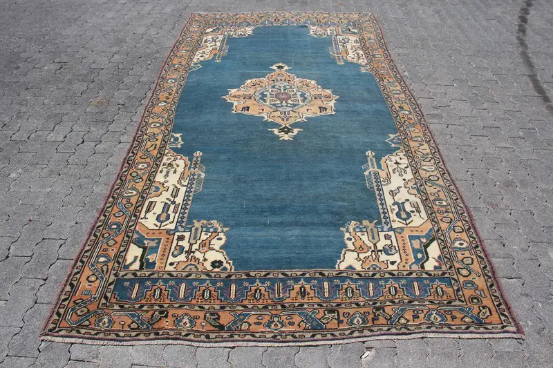 Vintage Turkish Large Rug 5.5x11.2 ft, Oushak Blue Wool Rug - 1