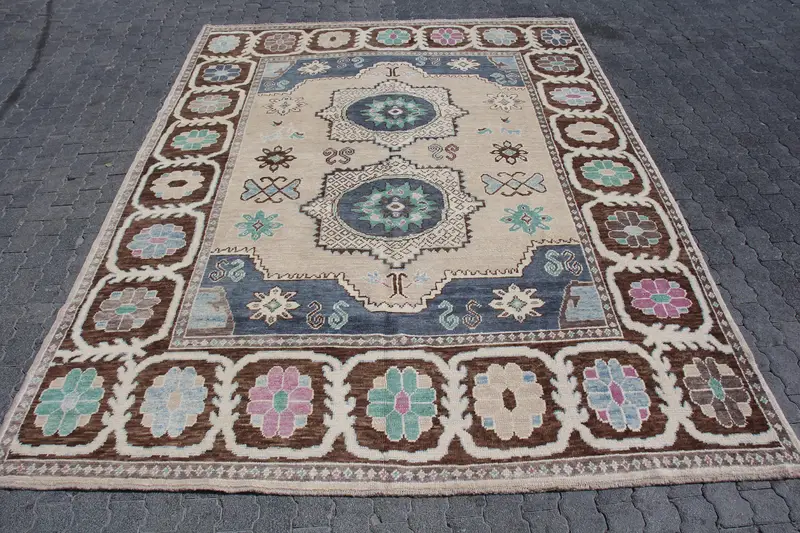 Turkish Rug, 8.4x11.2 ft Vintage Rug, Brown Blue Polka dot Wool Rug - 1