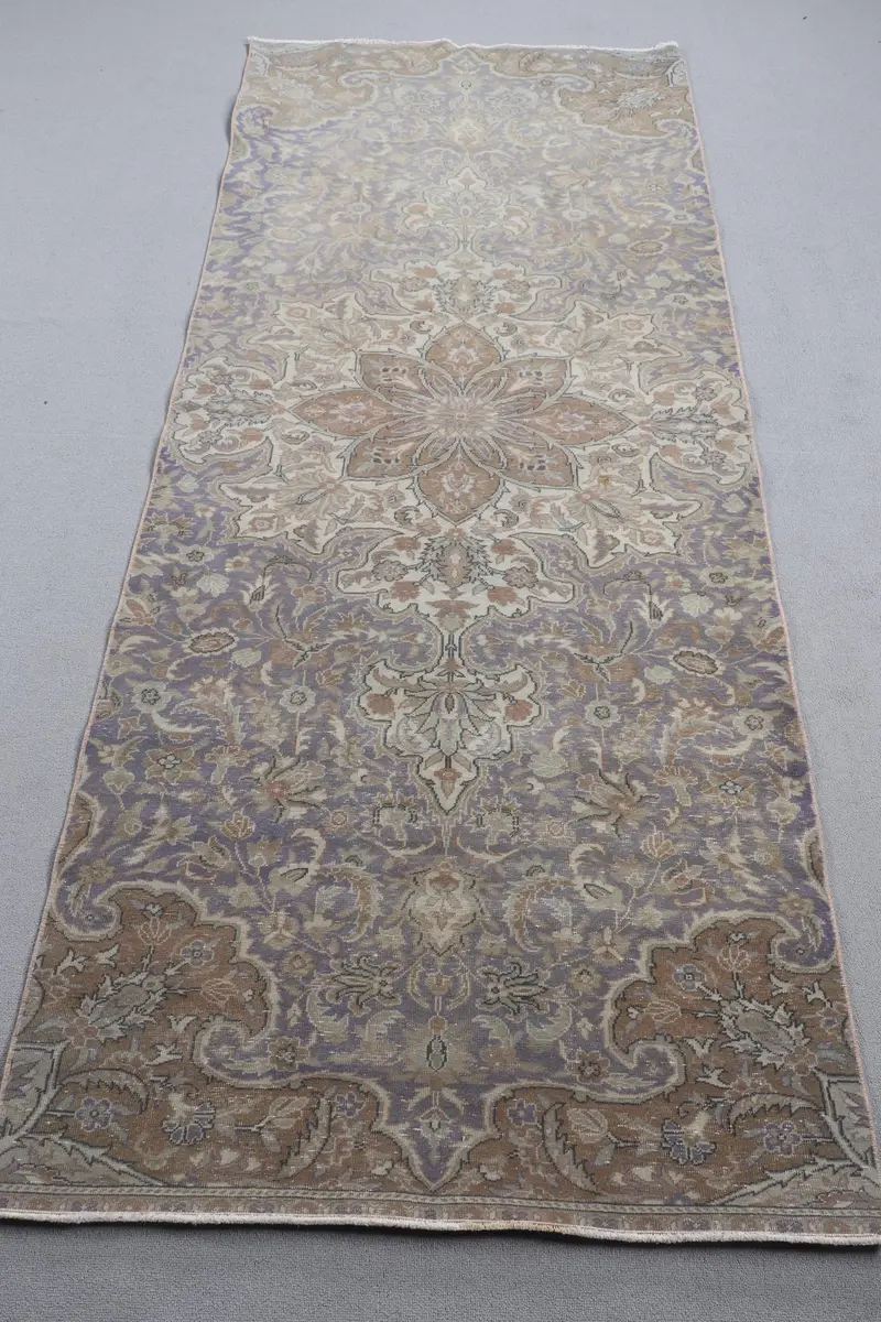 Mor ve Kahverengi Halı, 3,4x8,3 ft Botanik Tasarım