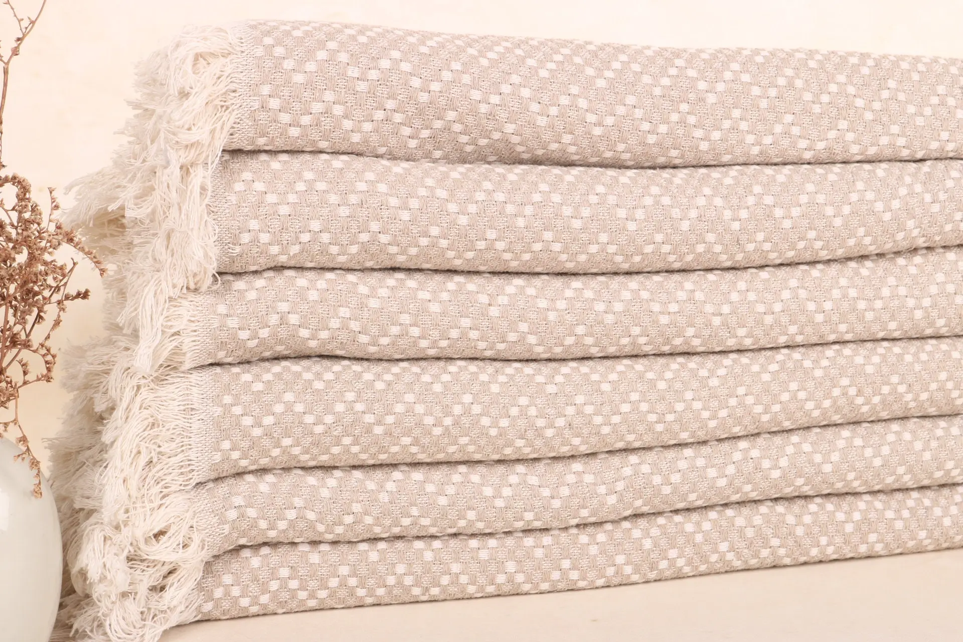 Throw Blanket Beige Cotton 67x75 Inches, Organic Turkish Cotton - 1