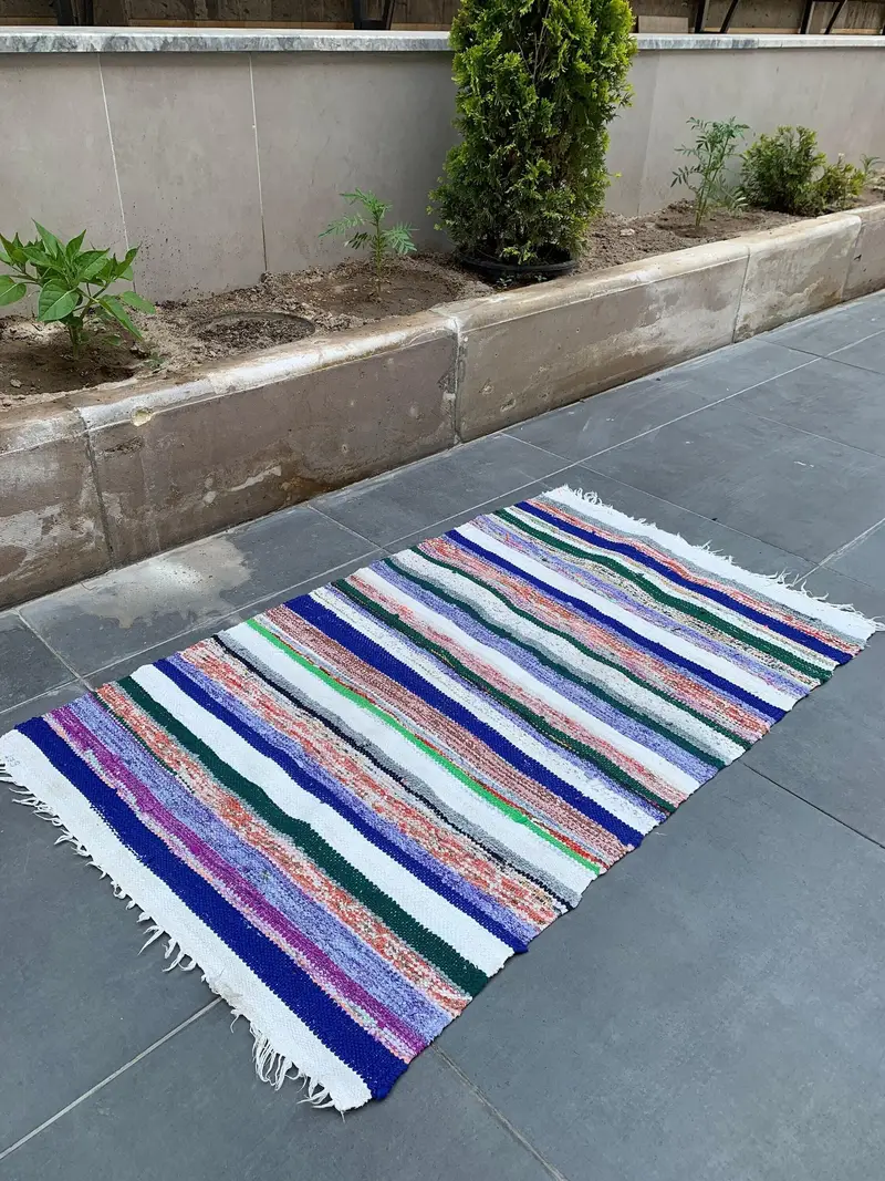Türk 2.4x3.9 ft Halı, Kilim Vintage Halı, Mavi Oryantal Yün Halı - 1