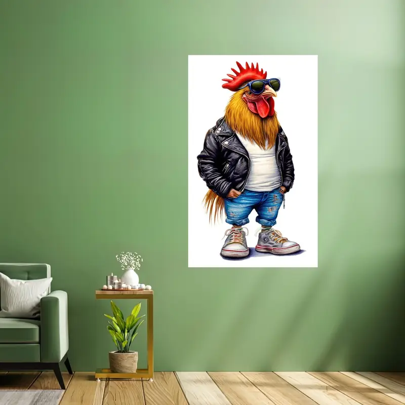 Modernes bedrucktes Glas: Abstraktes surreales Design mit Hahn und Huhn