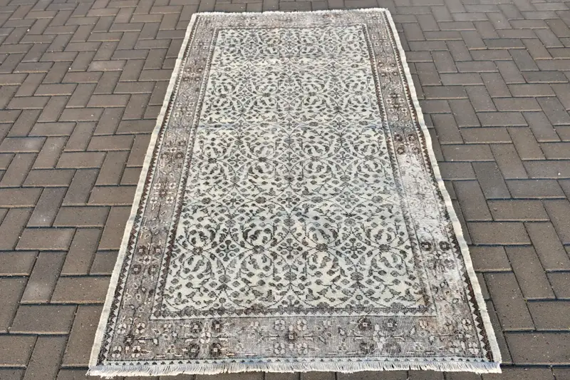 3.9x6.8 ft Halı, Vintage Türk Alan Halısı, Gri Oushak Yün Halı - 1