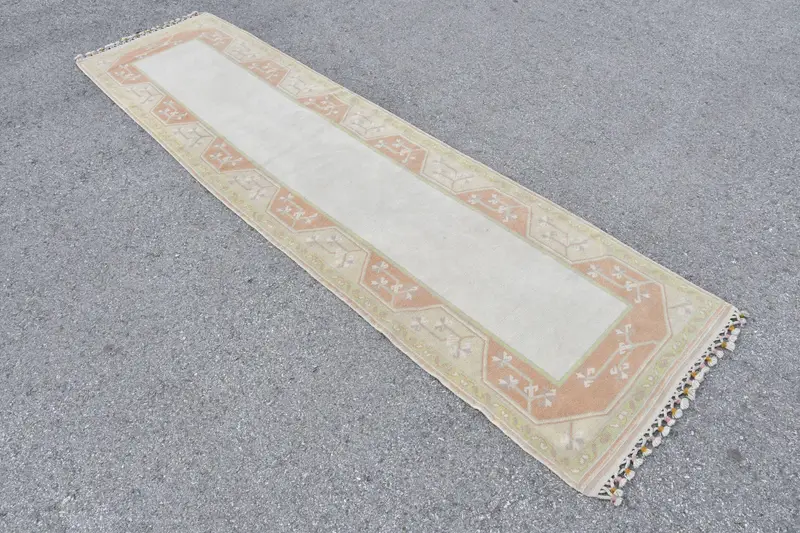 Turkish Vintage Rug, 2.6x10 ft Runner Rug, White Brown Striped Wool Rug