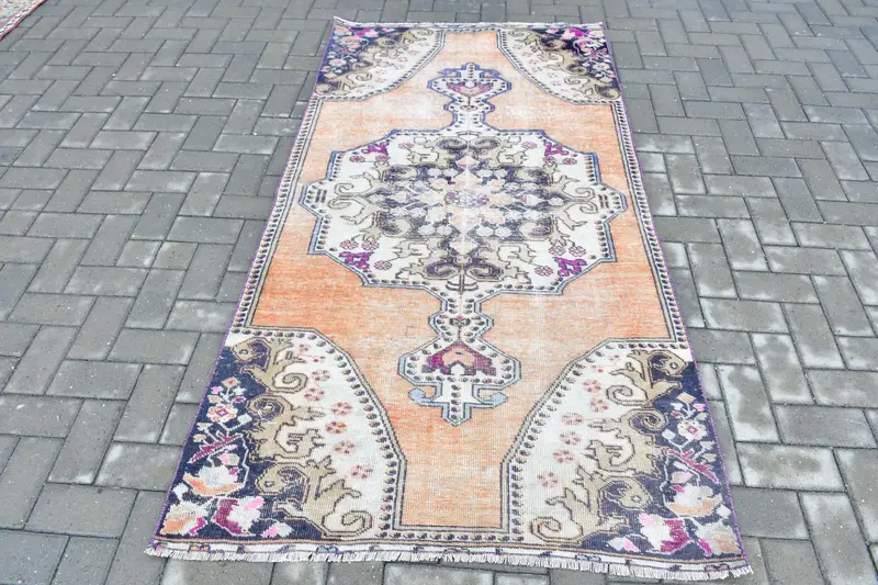 Turkish Vintage Rug, 3.7x6.9 ft Area Rug, Orange Blue Polka dot Rug - 1