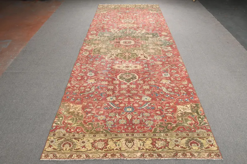 5.6x14.8 ft Vintage Turkish Rug, Runner Rug, Red Oushak Floral Rug - 1