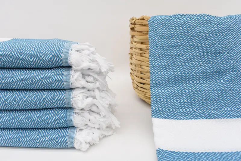 Turkish Bath Towel Handmade Petrol Blue Diamond, Organic Cotton, 70x40 Inches