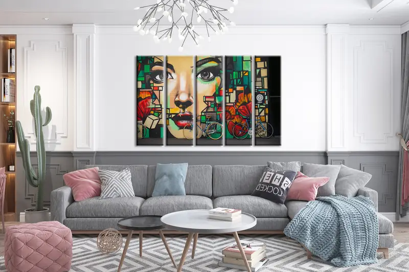 Graffiti Wall Art, Woman Canvas Decor, Futurism Wall Art, Geometric Canvas Print, Colorful Design Art, Bicycle Canvas Art, Modern Art Canvas - 4