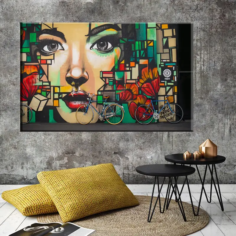 Graffiti Wall Art, Woman Canvas Decor, Futurism Wall Art, Geometric Canvas Print, Colorful Design Art, Bicycle Canvas Art, Modern Art Canvas - 1
