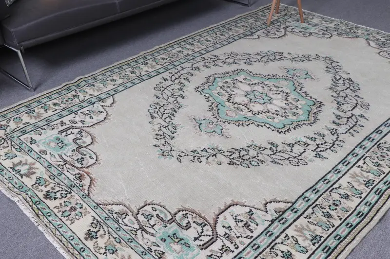 5.8x8.7 ft Vintage Büyük Halı, Kahverengi Mavi Türk Patchwork Yün Halı - 1