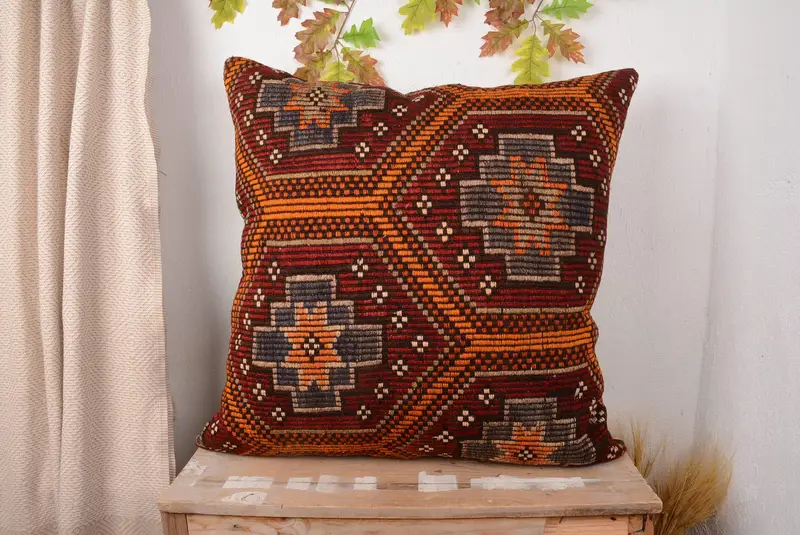 Red Southwestern Embroidered Throw Pillow, Vintage Handmade Cushion