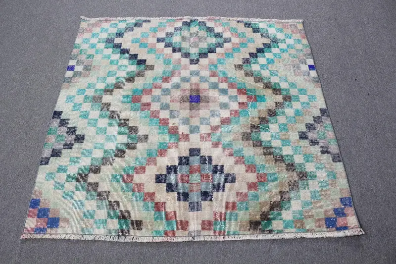 グリーン & ベージュ ラグ、4.1x3.7 フィート 植物と木の柄