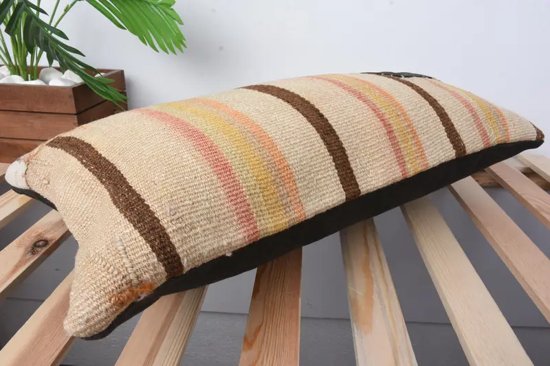 Vintage Kilim Pillow, Oriental Cushion, Turkish Pillow, 12x24 Beige Cushion Cover, Handmade Kilim Cushion, Pillow - 6