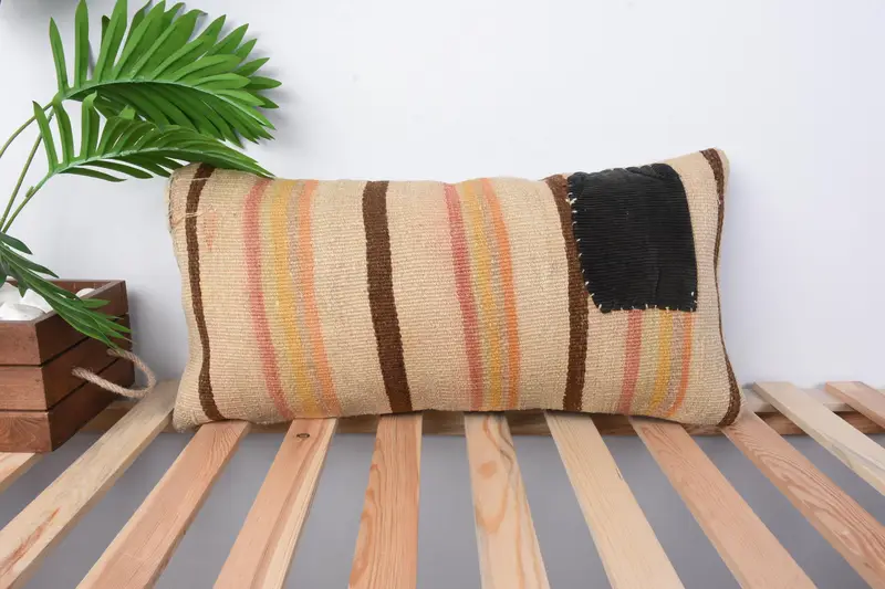 Vintage Kilim Pillow, Oriental Cushion, Turkish Pillow, 12x24 Beige Cushion Cover, Handmade Kilim Cushion, Pillow - 1