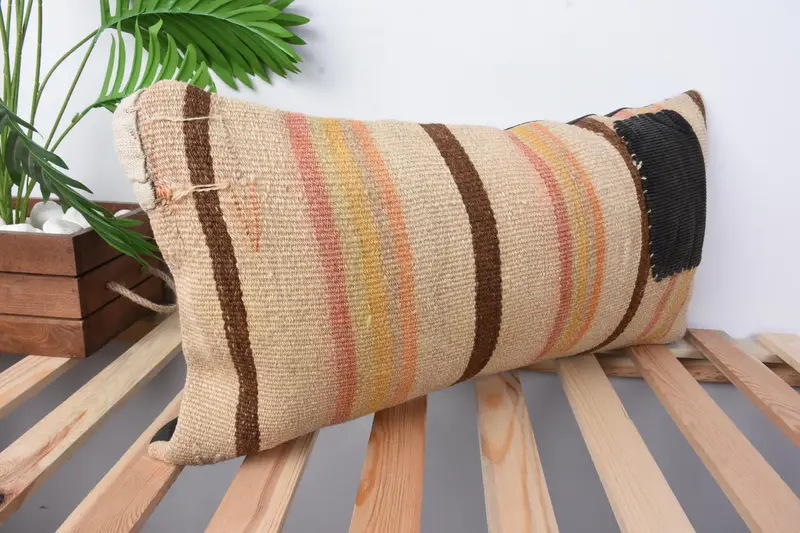 Vintage Kilim Pillow, Oriental Cushion, Turkish Pillow, 12x24 Beige Cushion Cover, Handmade Kilim Cushion, Pillow - 5