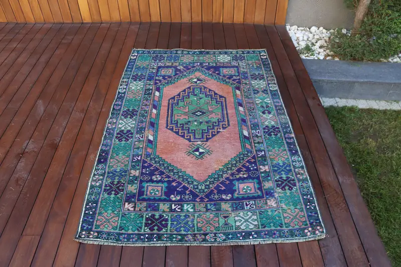 3.6x5.3 ft Oushak Halı, Türk Vintage Halı, Mavi Yeşil Çiçekli Halı - 1