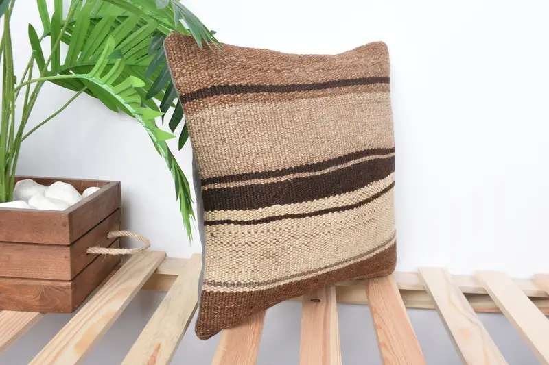 Vintage Kilim Pillow, Pillow, Decorative Cushion Case, 14x14 Beige Cushion Case, Ethnical Kilim Rug Pillow, Luxury Pillow, Turkish Pillow - 4