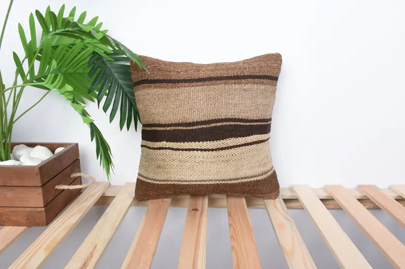 Vintage Kilim Pillow, Pillow, Decorative Cushion Case, 14x14 Beige Cushion Case, Ethnical Kilim Rug Pillow, Luxury Pillow, Turkish Pillow - 1