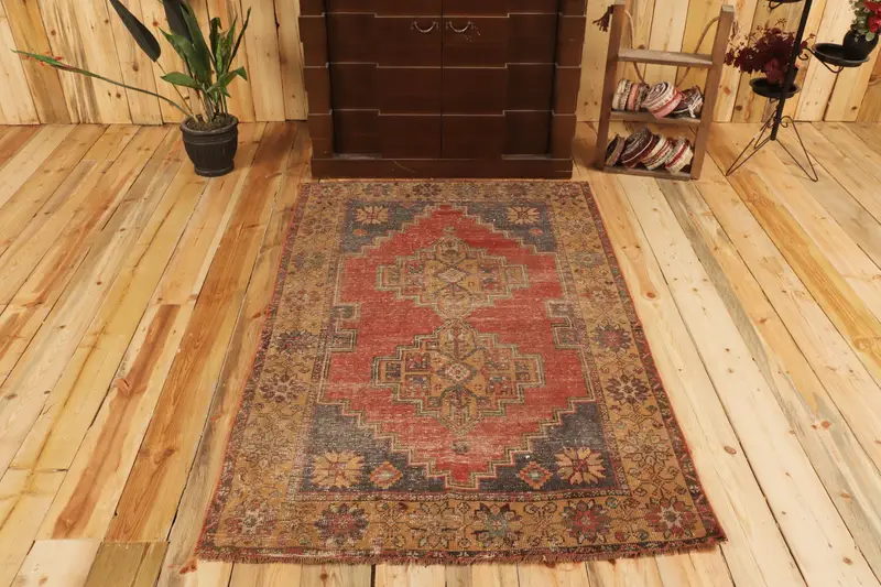 3.6x5.5 ft Rug, Turkish Vintage Rug, Red Ikat Wool Rug - 1