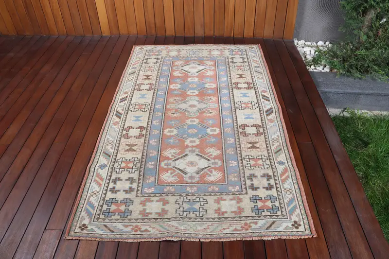 3.8x6.4 ft Halı, Vintage Alan Halısı, Mavi Oushak Çiçekli Halı - 1