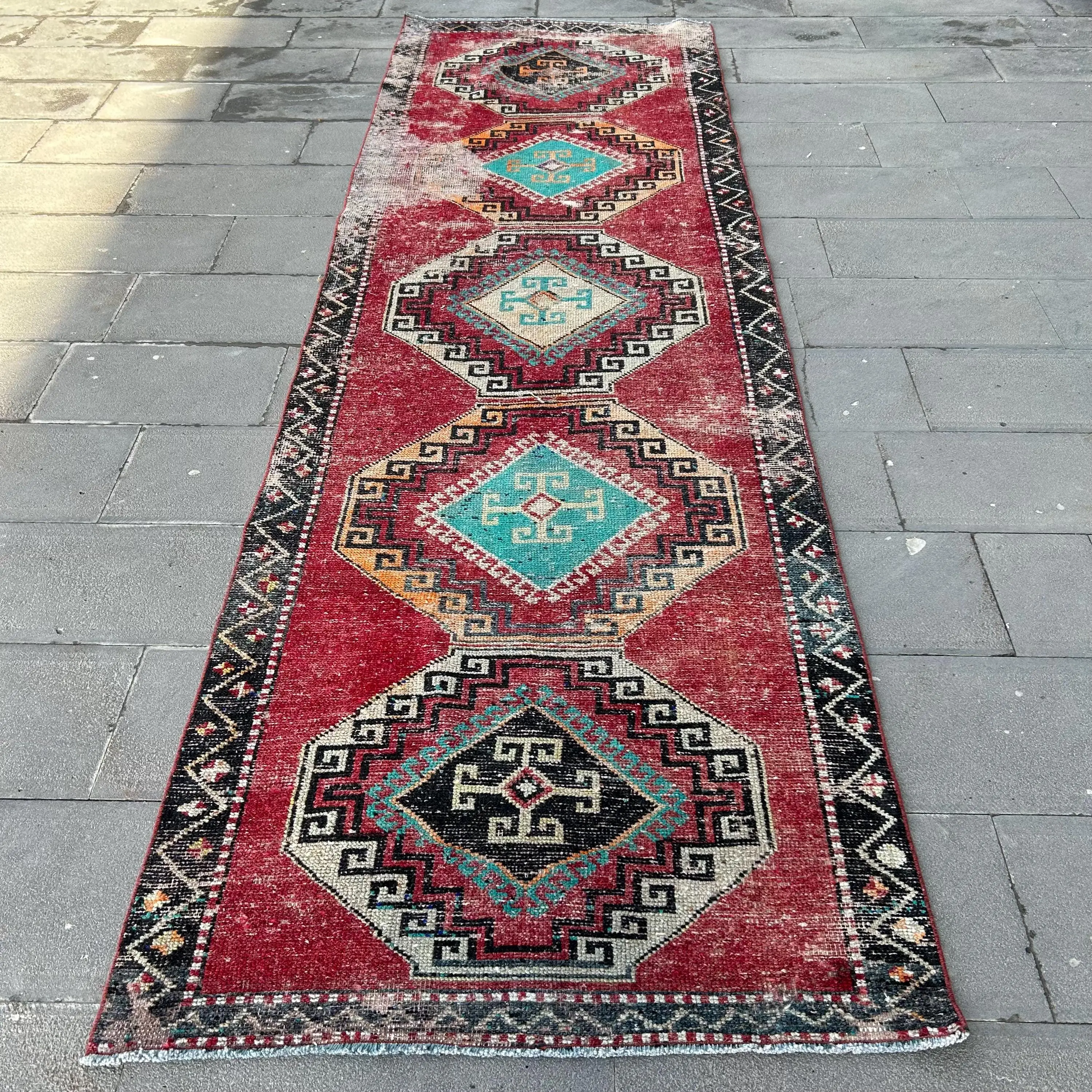 Vintage Turkish Rug, 3.6x12 ft Runner Rug, Red Blue Floral Rug - 1
