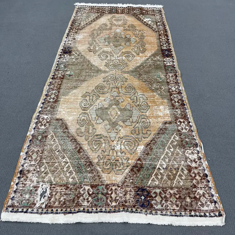 3.8x9.3 ft Halı, Türk Vintage Halısı, Kahverengi Bitkiler ve ağaçlar Yün Halı - 1