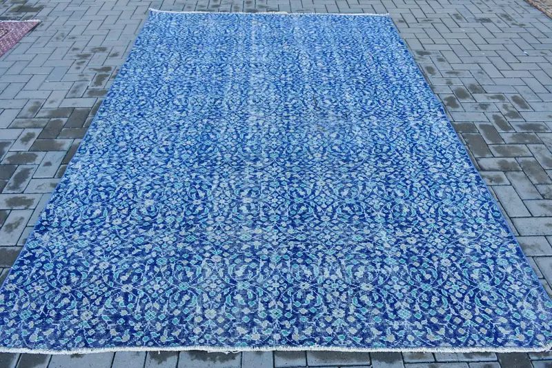 Vintage Türk Halısı, 6.46x9.3 ft Oushak Halısı, Mavi Yeşil Güneybatı Yün Halısı - 1