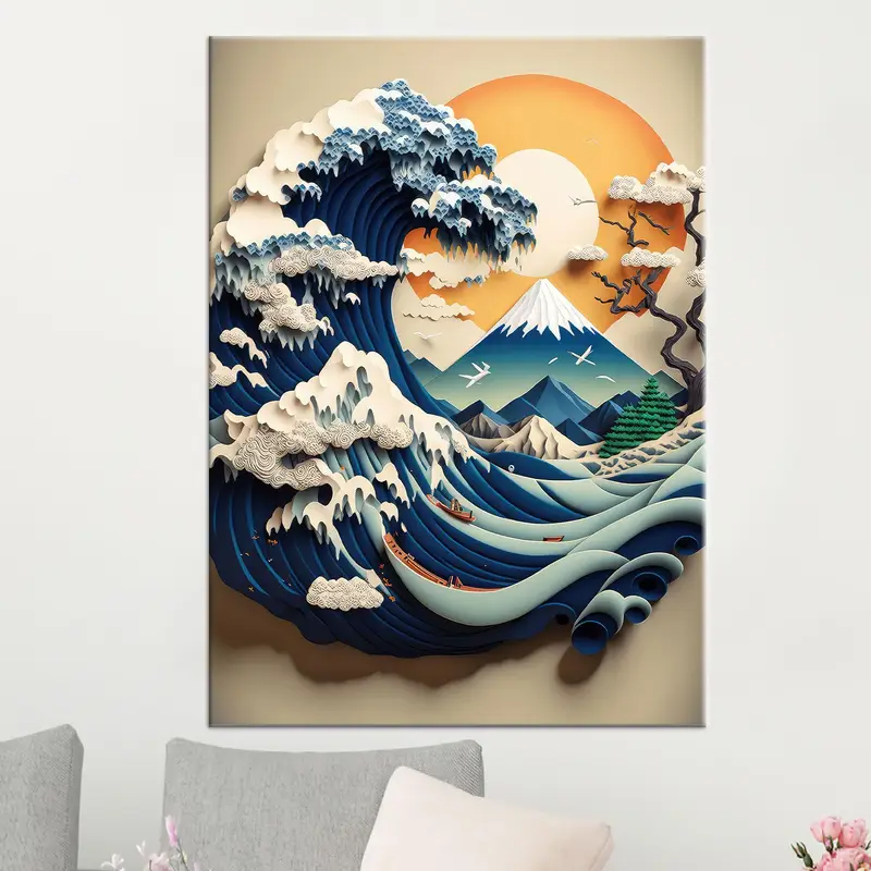 Kanagawa Canvas Art, Waven Wall Art, Abstract Wave, Japanese Canvas Art, Sea Landscape, Hokusai, Japanese View, Canvas Wall Art, Modern Art - 1