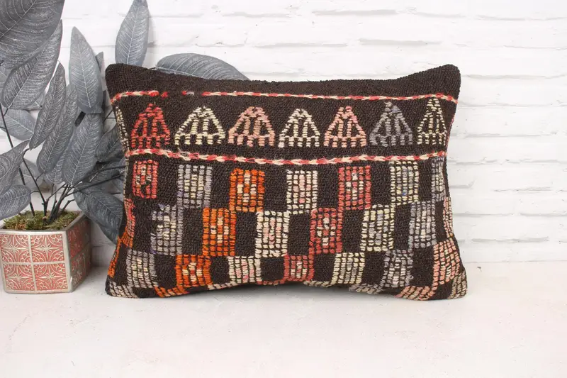 Kilim Cushion Sham, Throw Kilim Pillow, Handmade Kilim Cushion, Toss Pillow, Pillow, 16x24 Brown Cushion Case, Aesthetic Pillow Cover - 1