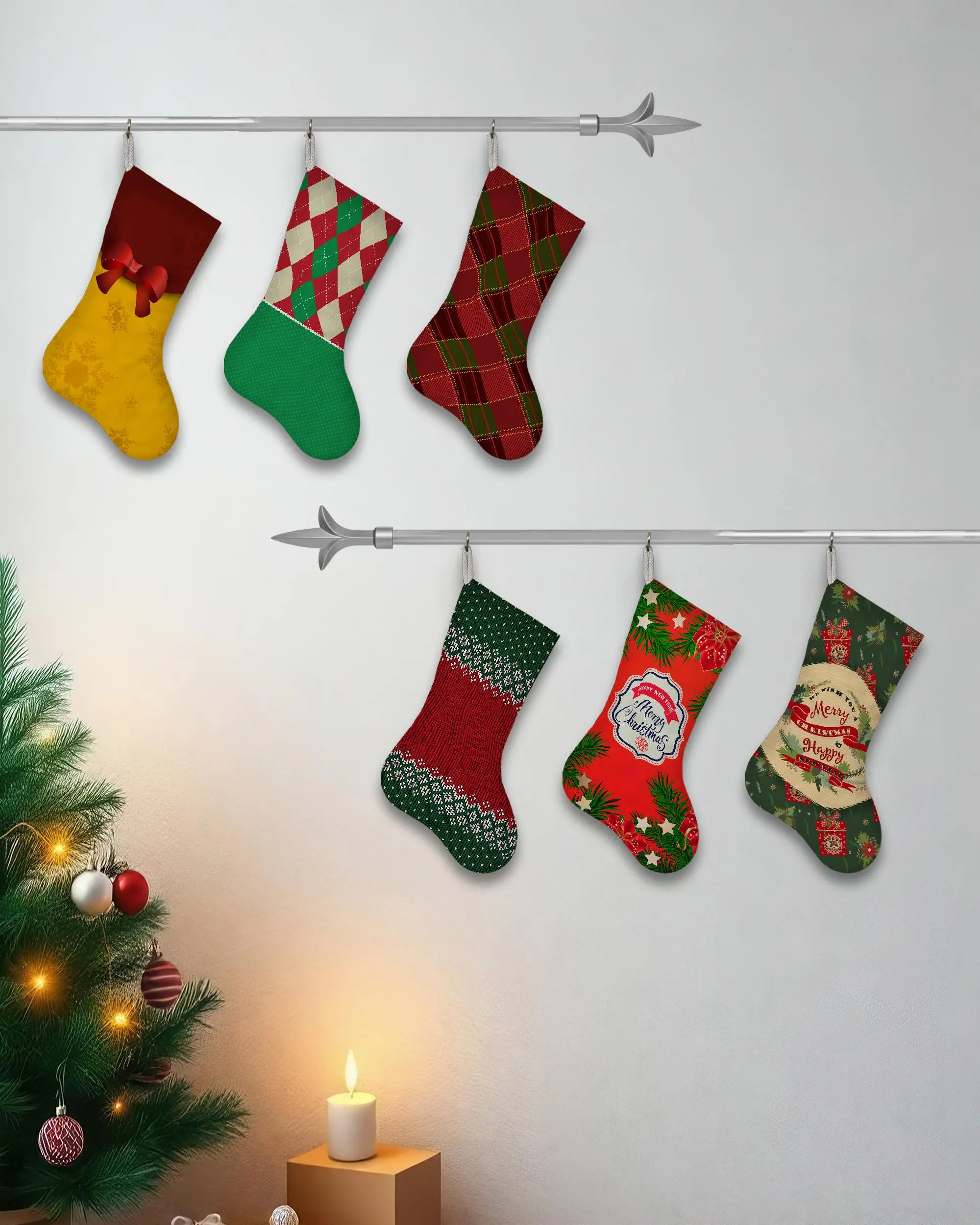 Bej Süslü Kırmızı Noel Çorabı, Şenlikli Tatil Dekoru - 1