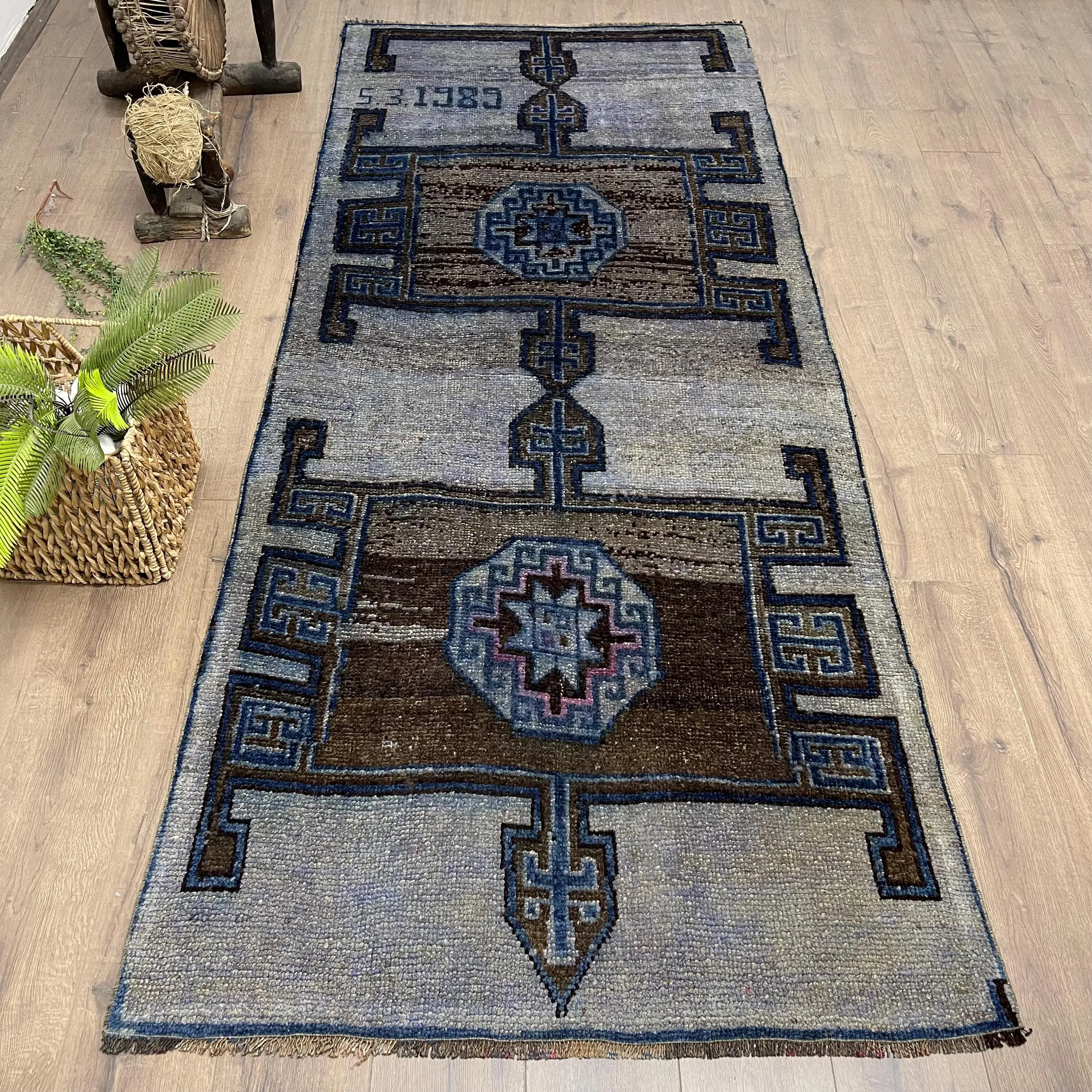 3.6x8.7 ft Vintage Herki Rug, Turkish Rug, Blue Polka dot Wool Rug - 1