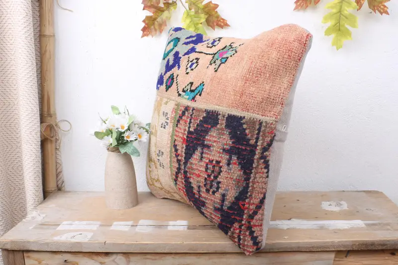 Interior Designer Pillow, Cushion Cover, Bed Cushion Cover, Boho Pillow, 16x16 Blue Cushion Cover, Bolster Cushion, Turkish Kilim Pillow - 4