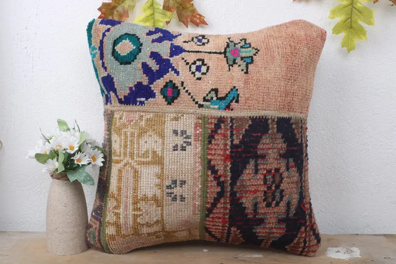 Interior Designer Pillow, Cushion Cover, Bed Cushion Cover, Boho Pillow, 16x16 Blue Cushion Cover, Bolster Cushion, Turkish Kilim Pillow - 2