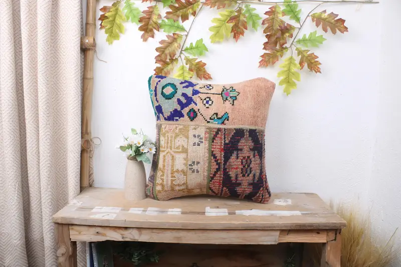 Interior Designer Pillow, Cushion Cover, Bed Cushion Cover, Boho Pillow, 16x16 Blue Cushion Cover, Bolster Cushion, Turkish Kilim Pillow - 1