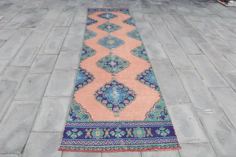 3x11.8 ft Vintage Turkish Rug, Runner Rug, Blue Orange Floral Wool Rug - 1