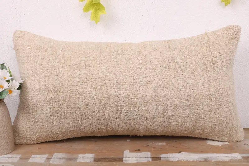 Kilim Cushion Sham, Pillow Case, 12x24 Beige Cushion Case, Pillow for Sofa, Rustic Pillow Sham, Handwoven Pillow, Handmade Kilim Cushion - 2