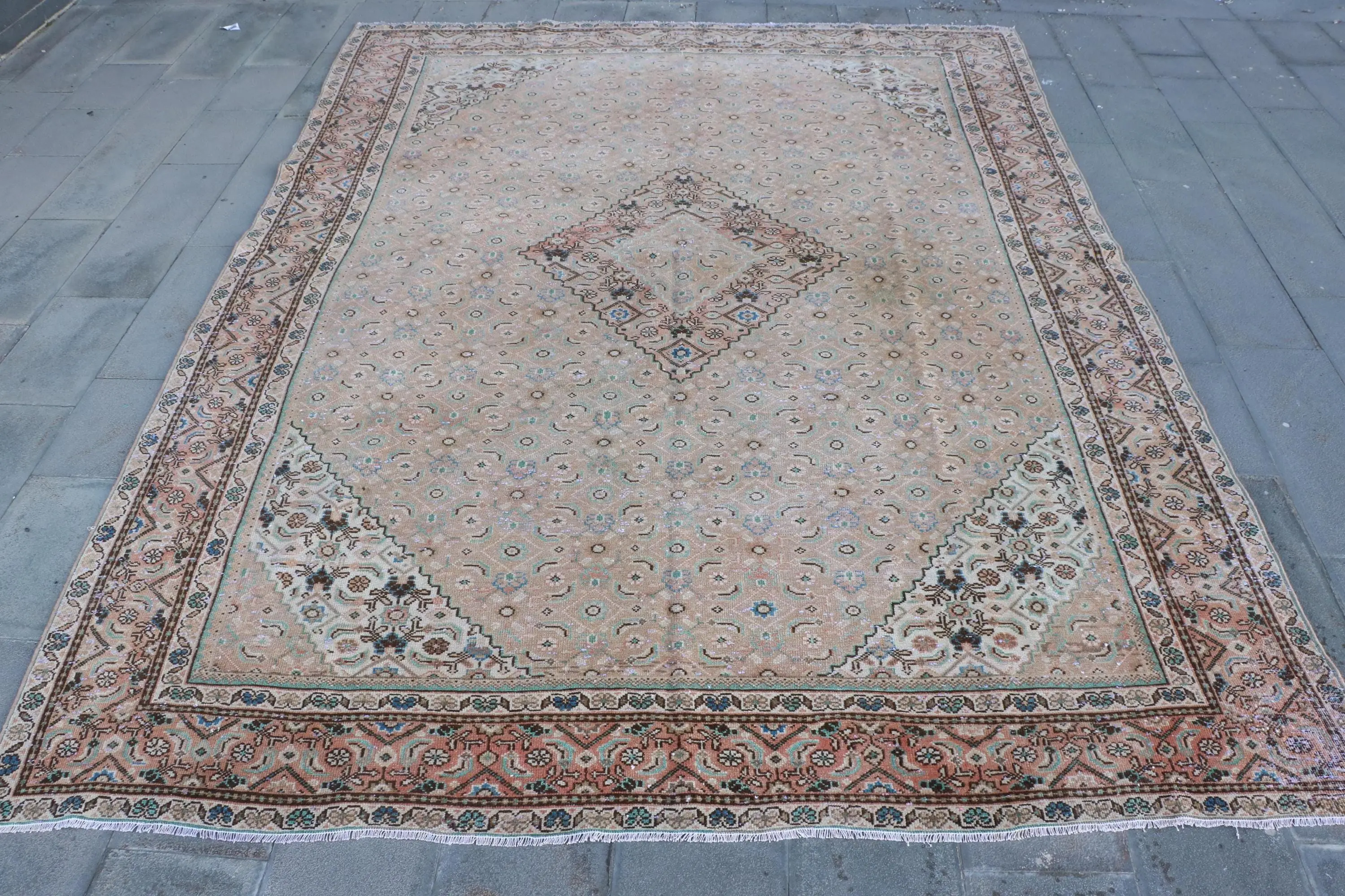 Vintage Türkischer Teppich 8,8x11,7 ft (269x357 cm), braun gestreifter Wollteppich - 1