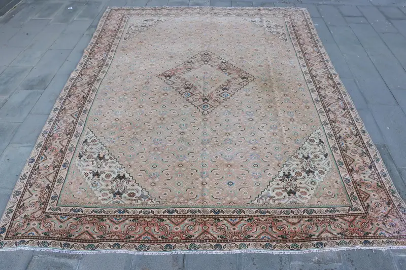 Yeşil & Bej Halı, 8,8x11,7 ft Çizgili Geometrik Tasarım