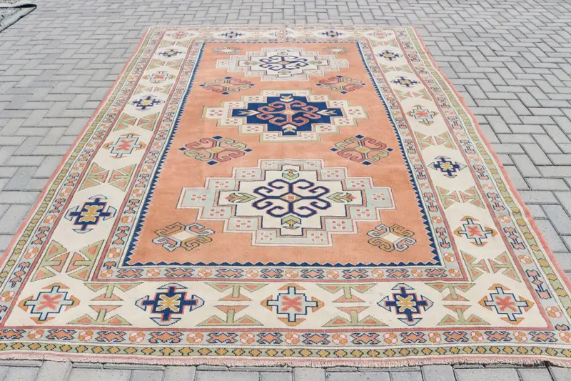 Vintage Turkish Rug 7.3x10.4 ft, Orange Oushak Bordered Rug - 1