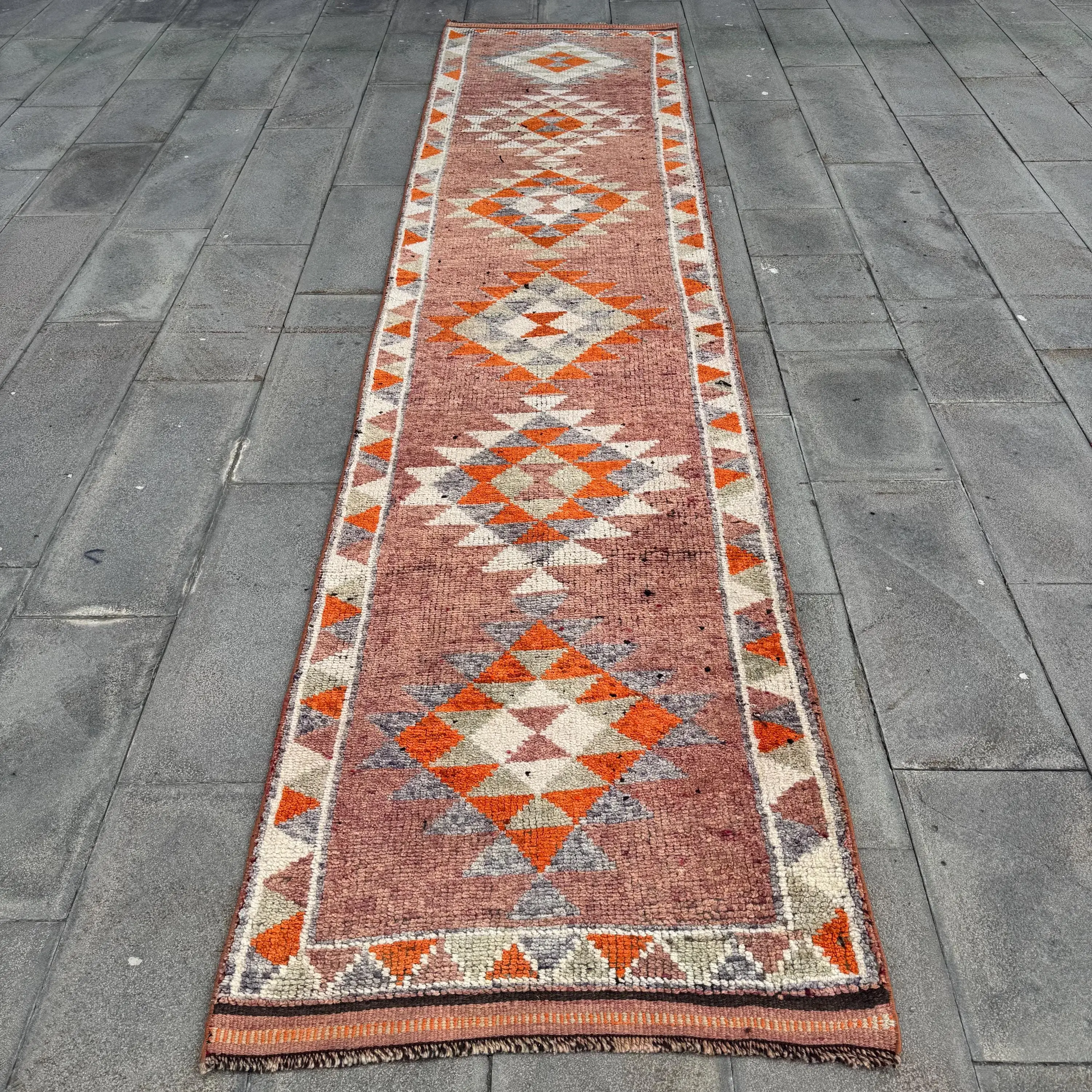 Turkish Vintage Rug 2.9x13 ft (88x395 cm), Herki Red Polka dot Rug - 1