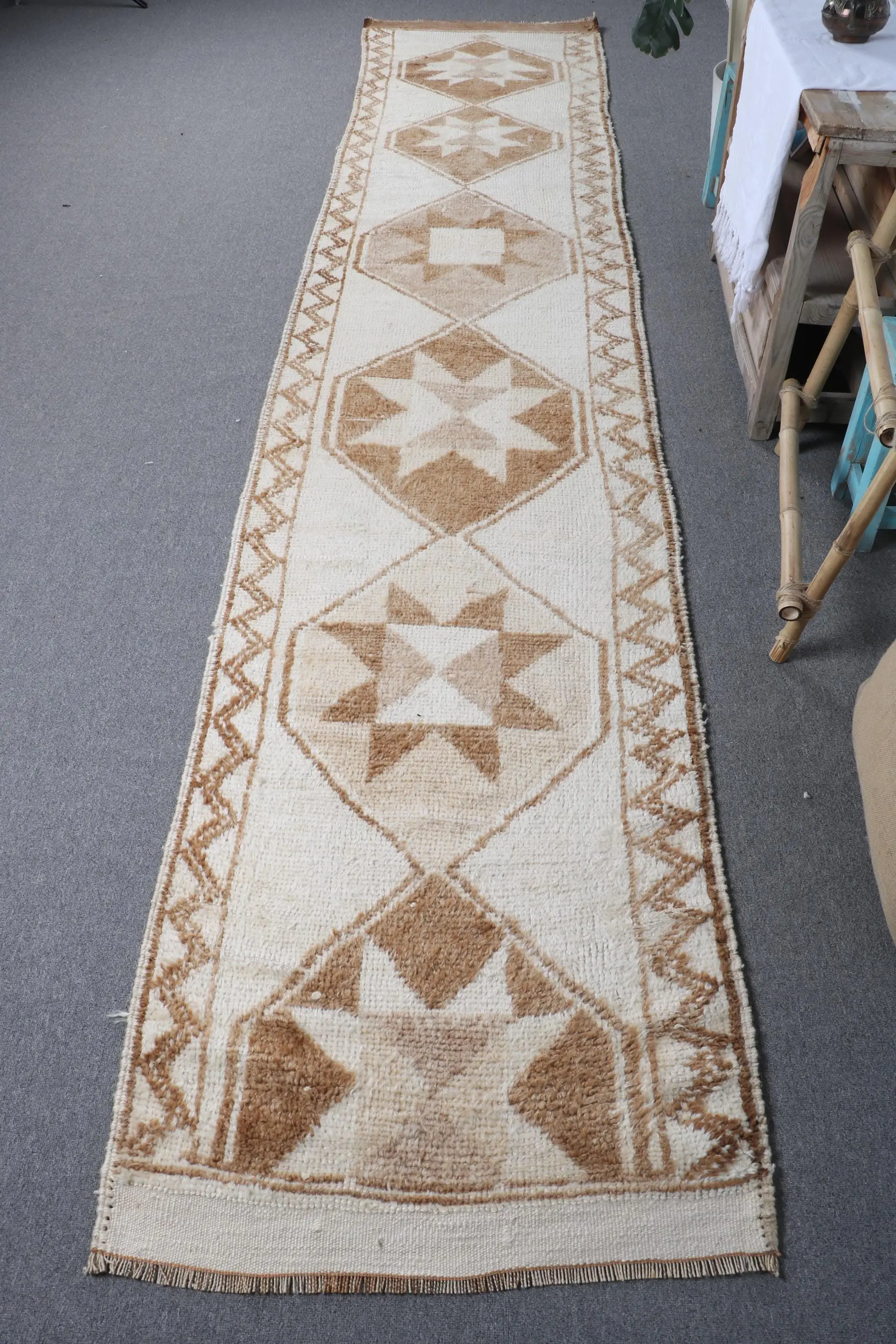 2.6x12.9 ft Turkish Runner Rug, White Brown Vintage Abstract Wool Rug - 1