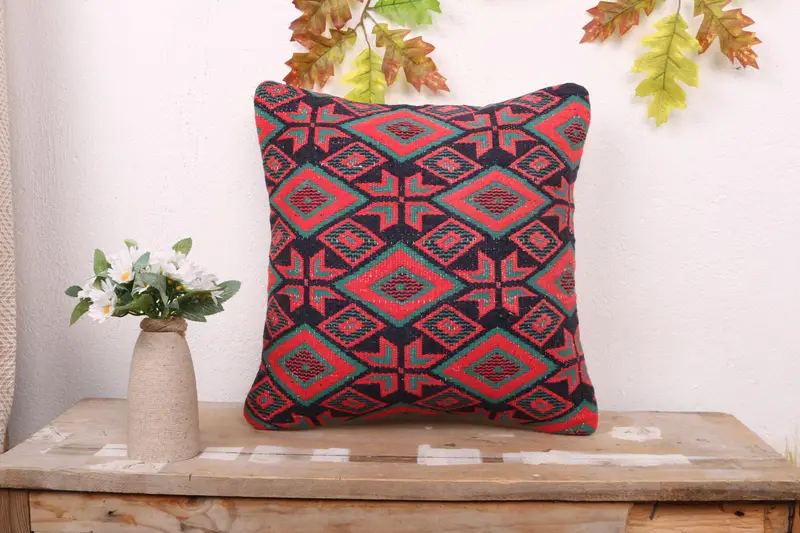 Designer Throw Pillow Case, 16x16 Red Cushion Case, Pet Pillow, Turkish Pillow, Pillow, Vintage Kilim Pillow, Kilim Cushion Sham - 1