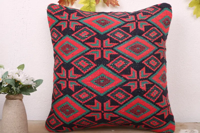 Designer Throw Pillow Case, 16x16 Red Cushion Case, Pet Pillow, Turkish Pillow, Pillow, Vintage Kilim Pillow, Kilim Cushion Sham - 2