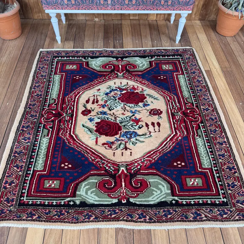 Vintage Turkish Accent Rug 4.7x5 ft, Red Blue Striped Rug - 1