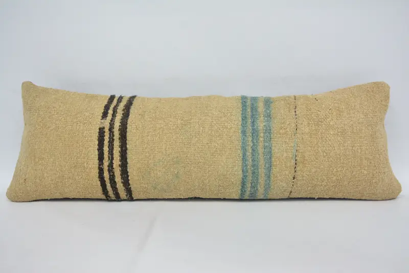 Beige & Bronze gestreiftes Kissen, handgemachtes Hanfkissen